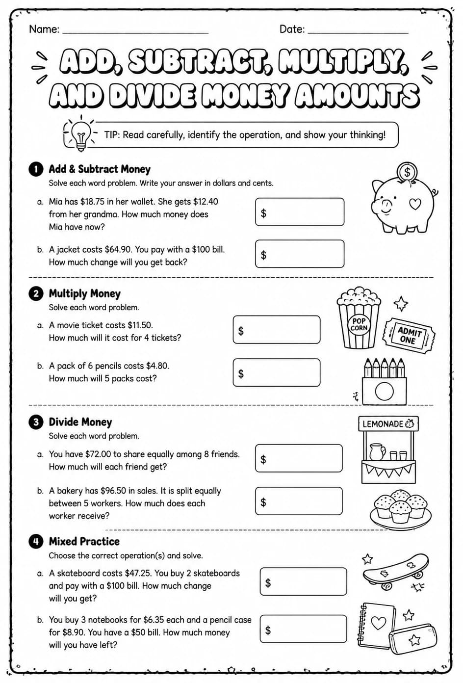 Add, subtract, multiply, and divide money amounts: word problems — free printable Grade 7 math worksheet