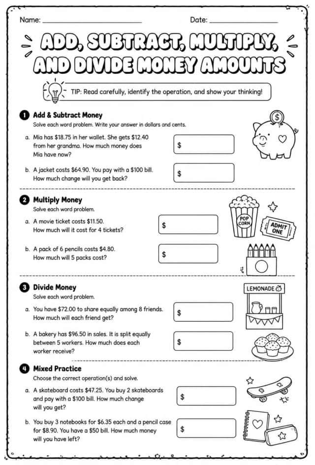 Add, subtract, multiply, and divide money amounts: word problems