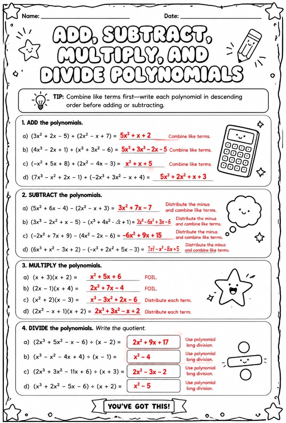 Answer key for Add, subtract, multiply, and divide polynomials — free printable Math worksheet