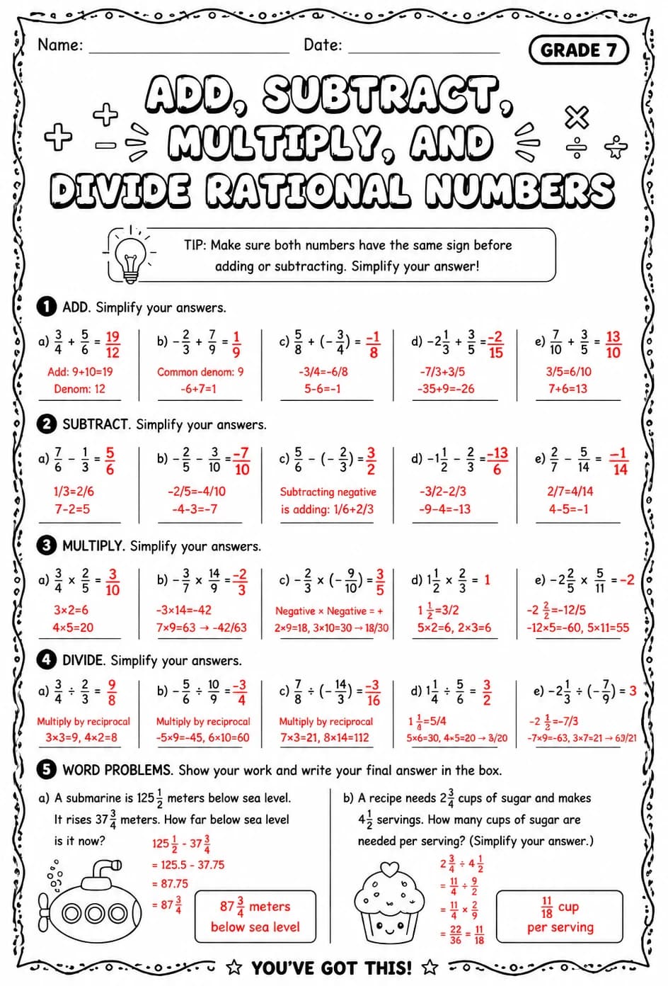 Answer key for Add, subtract, multiply, and divide rational numbers — free printable Math worksheet