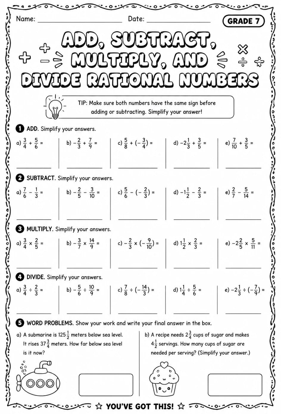Add, subtract, multiply, and divide rational numbers — free printable Grade 7 math worksheet