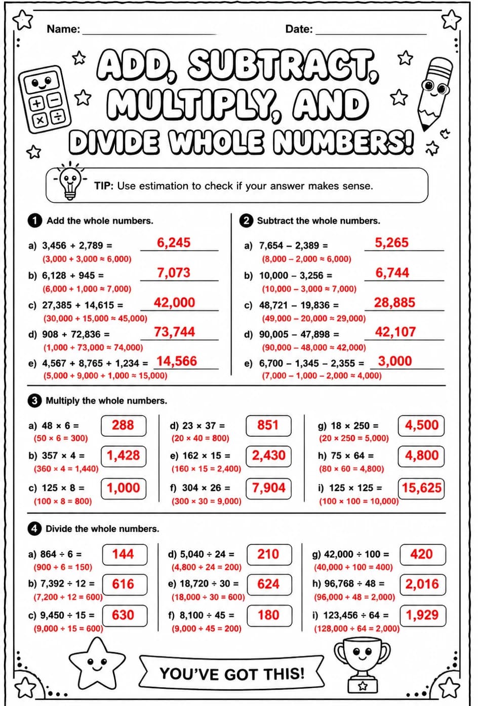 Answer key for Add, subtract, multiply, and divide whole numbers — free printable Math worksheet