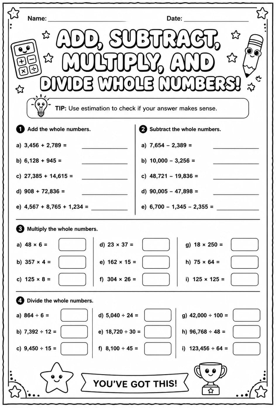 Add, subtract, multiply, and divide whole numbers — free printable Grade 5 math worksheet
