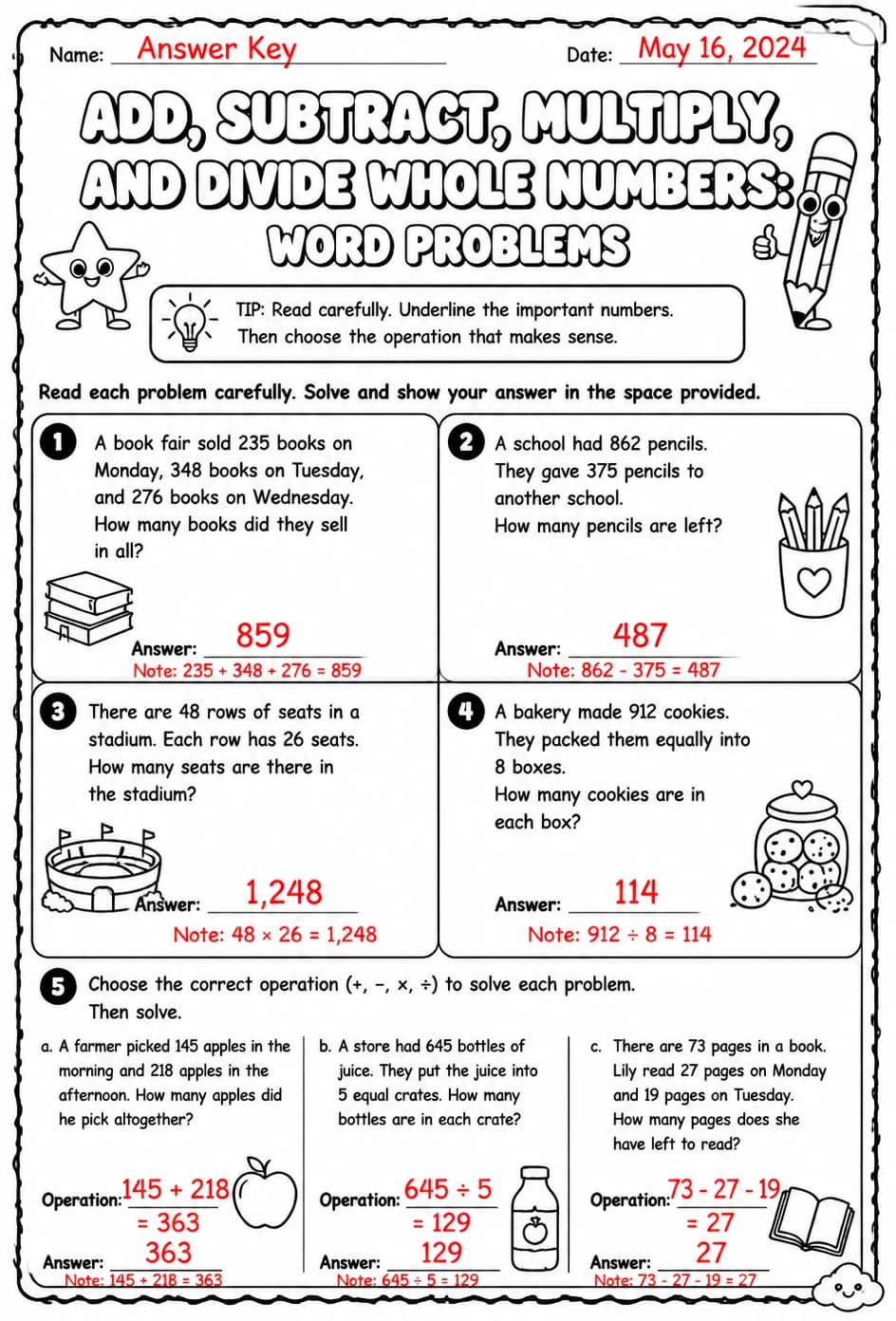 Answer key for Add, subtract, multiply, and divide whole numbers: word problems — free printable Math worksheet