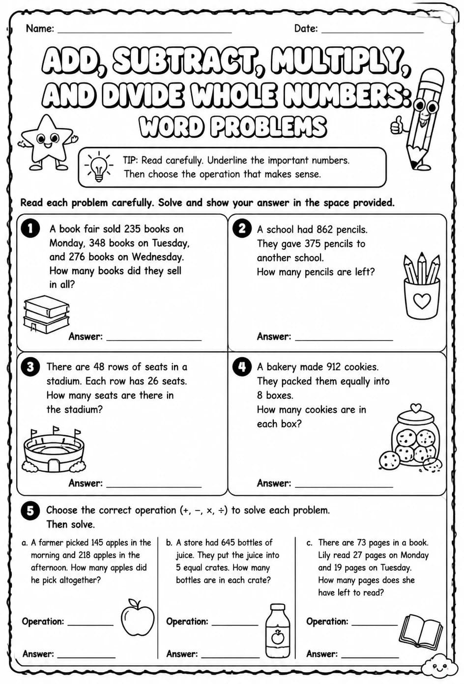 Add, subtract, multiply, and divide whole numbers: word problems — free printable Grade 5 math worksheet