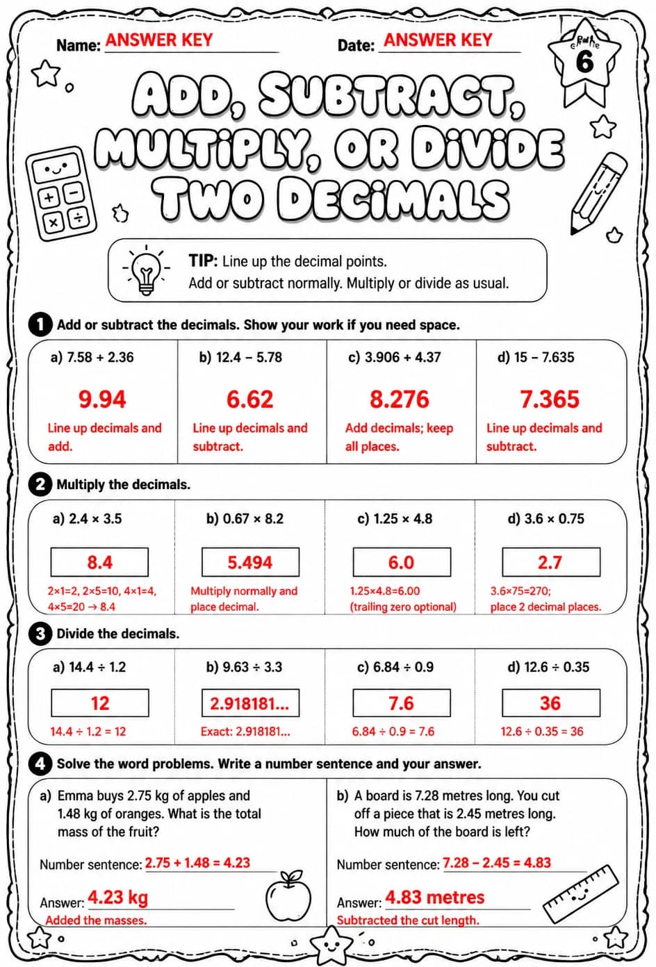 Answer key for Add, subtract, multiply, or divide two decimals — free printable Math worksheet