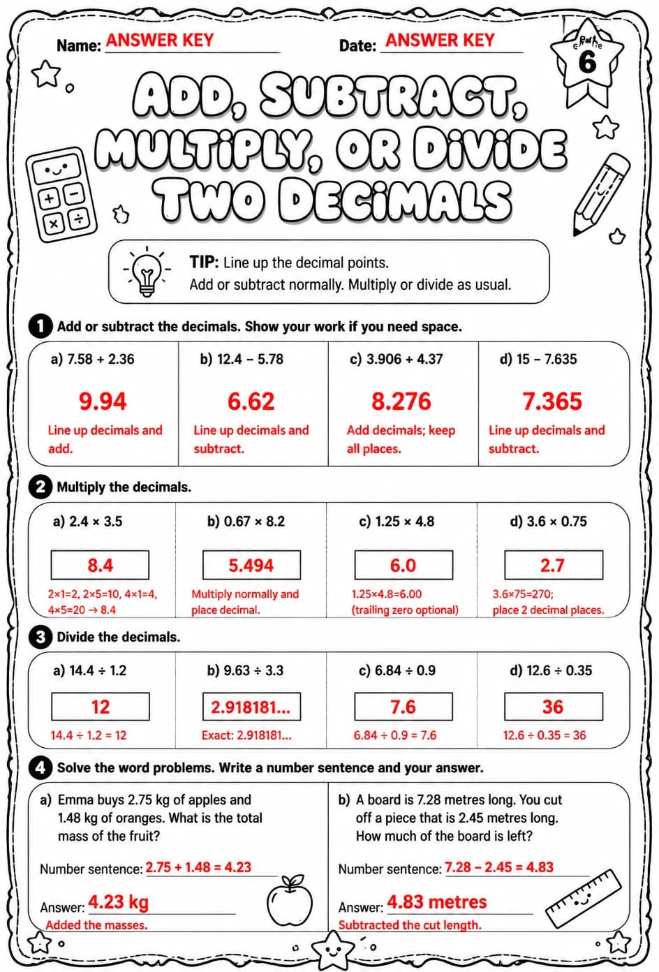 Answer key for Add, subtract, multiply, or divide two decimals — free printable Math worksheet