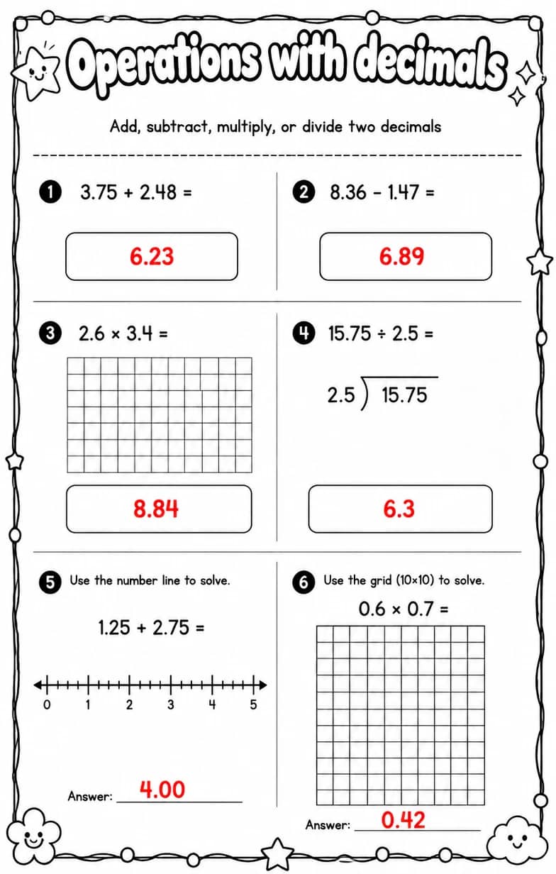 Answer key for Add, subtract, multiply, or divide two decimals — free printable Math worksheet