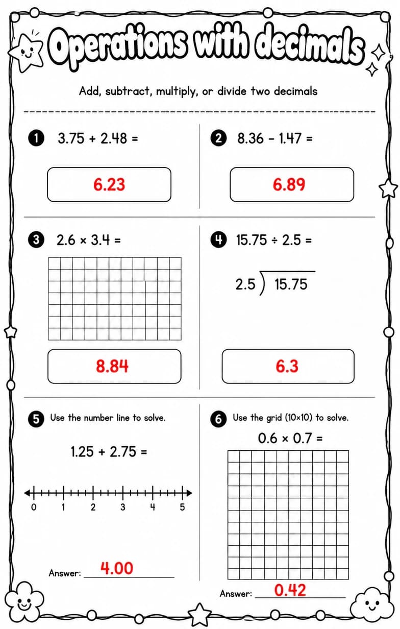 Answer key for Add, subtract, multiply, or divide two decimals — free printable Math worksheet