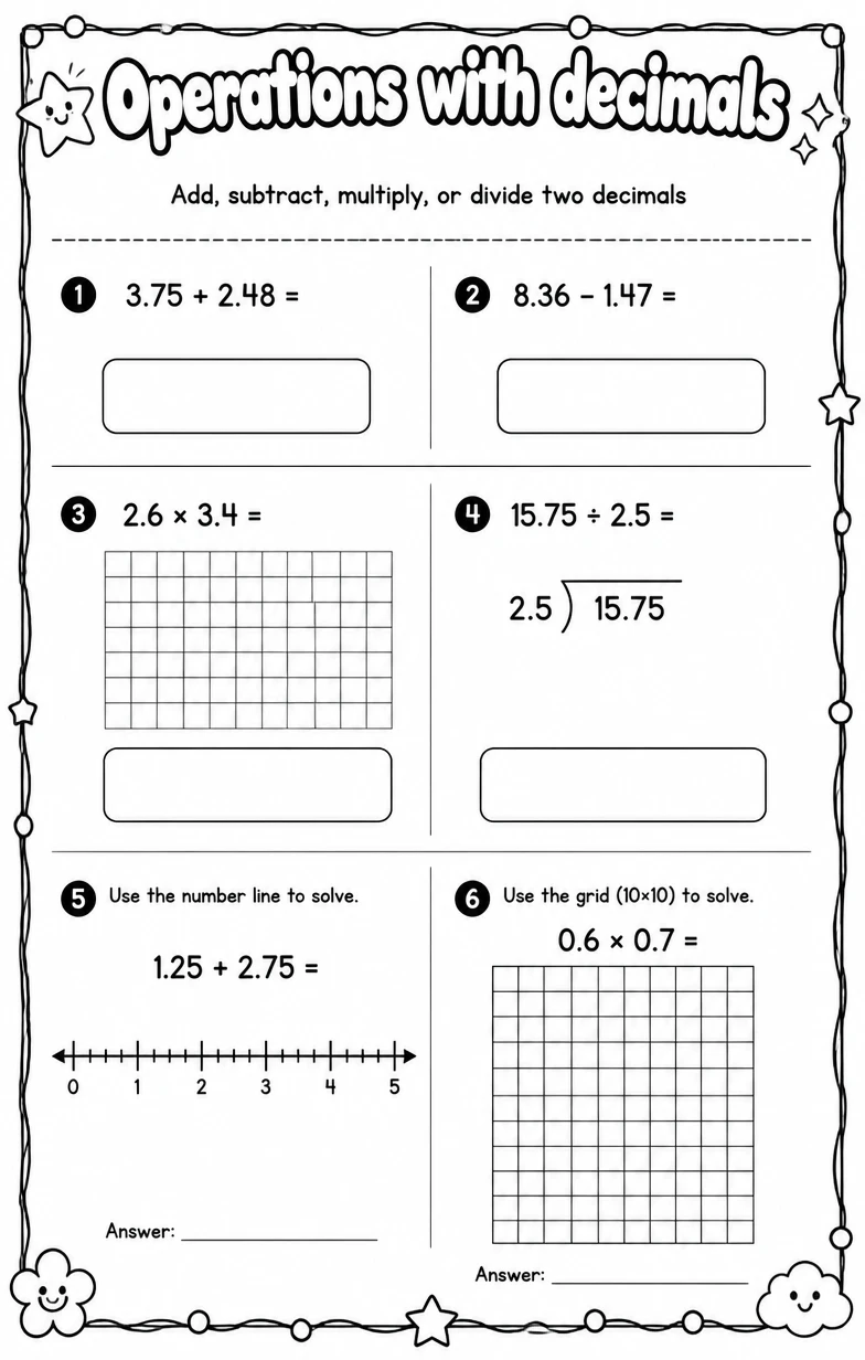 Add, subtract, multiply, or divide two decimals — free printable Grade 7 math worksheet