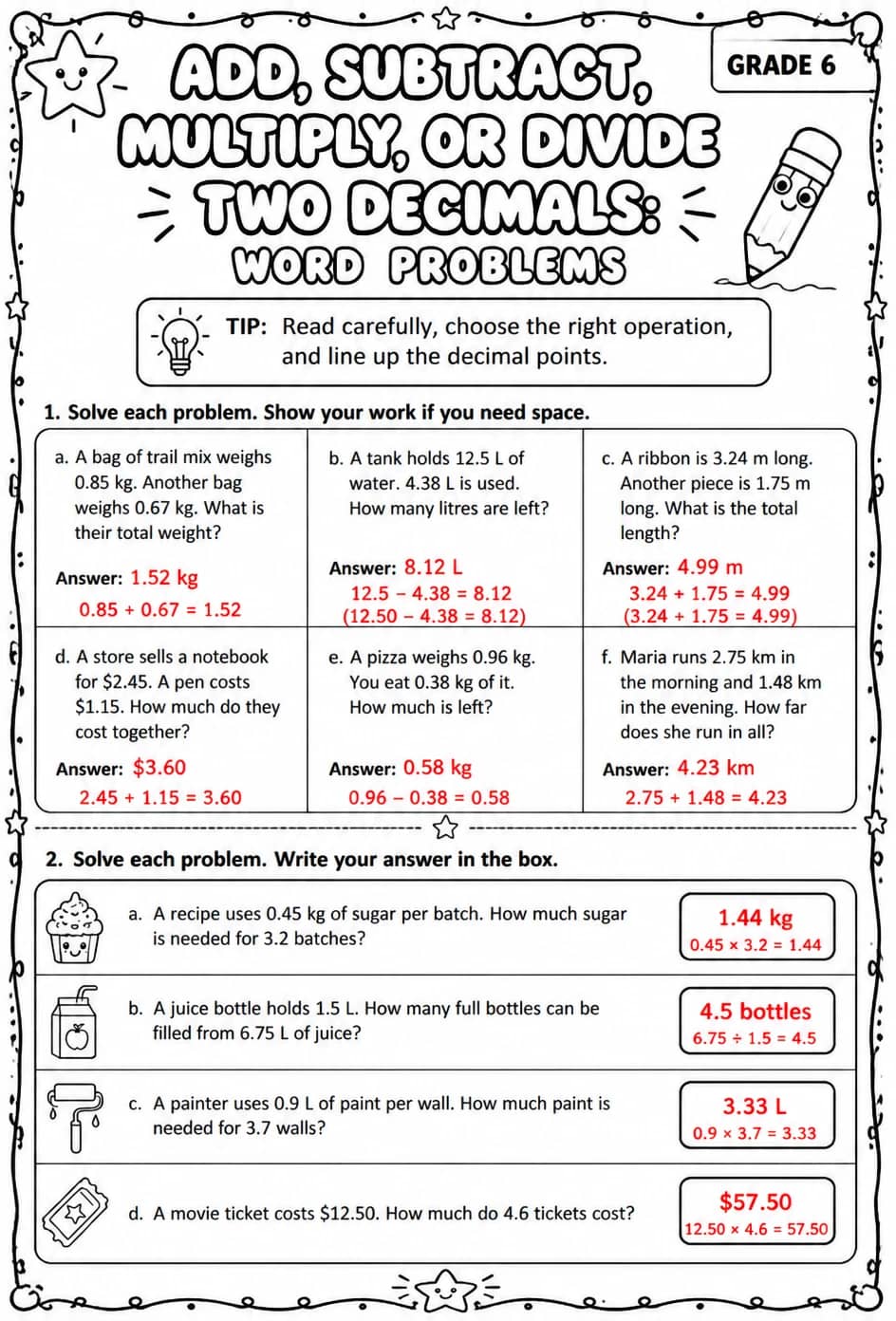 Answer key for Add, subtract, multiply, or divide two decimals: word problems — free printable Math worksheet