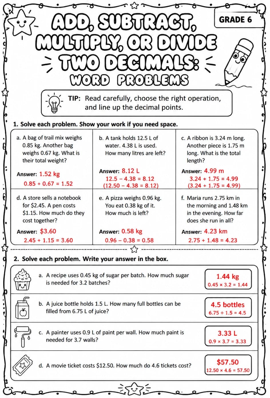 Answer key for Add, subtract, multiply, or divide two decimals: word problems — free printable Math worksheet