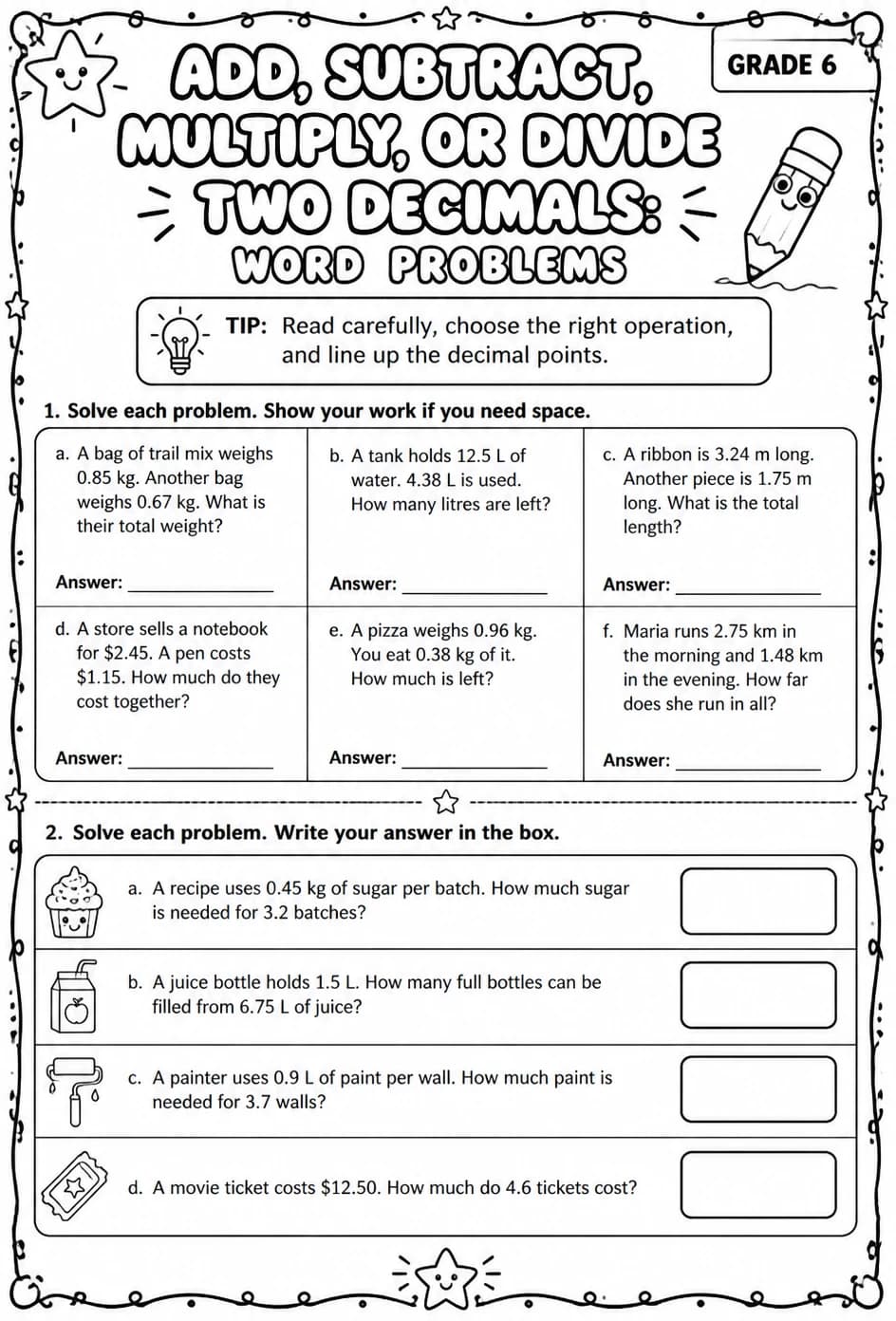 Add, subtract, multiply, or divide two decimals: word problems — free printable Grade 6 math worksheet