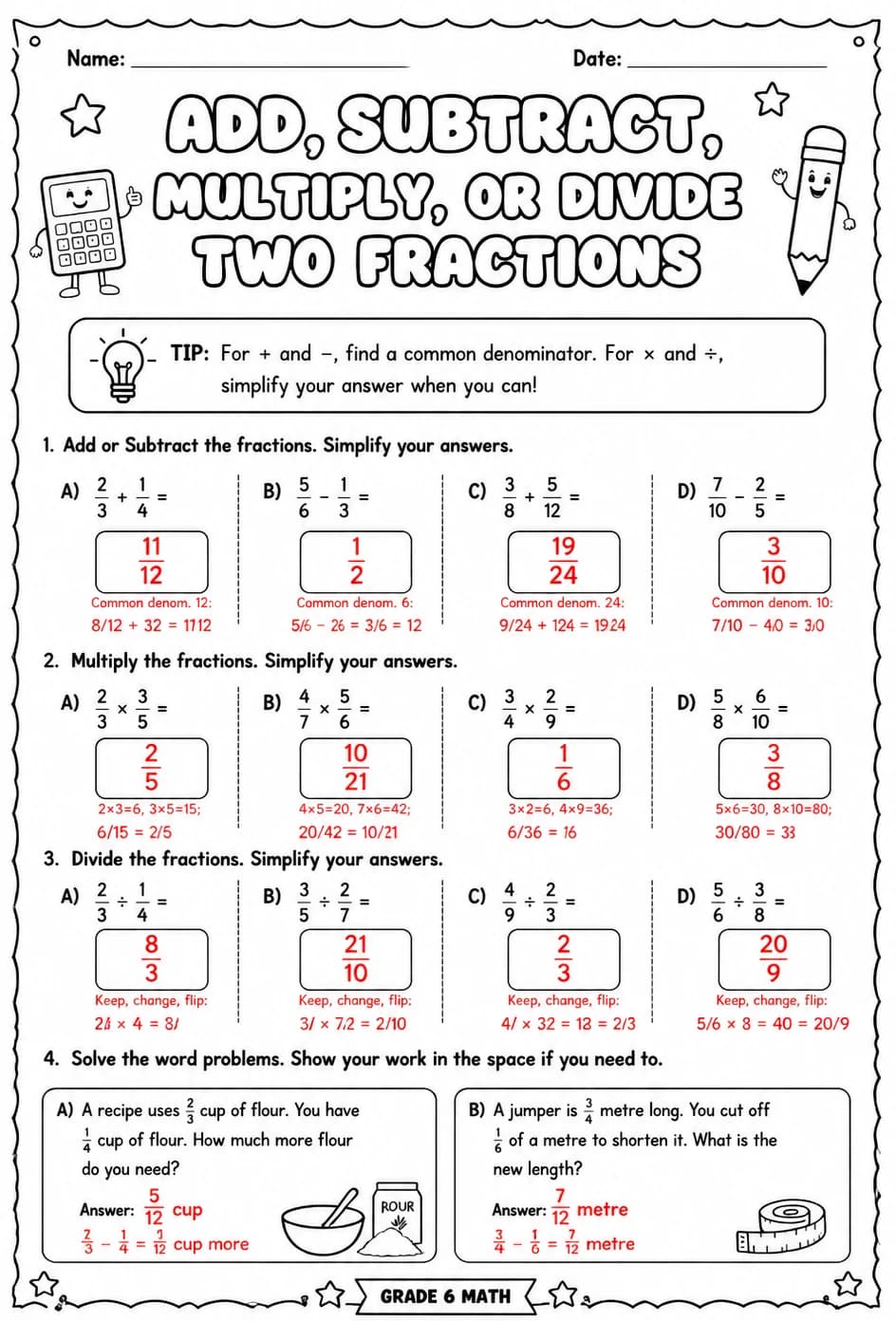 Answer key for Add, subtract, multiply, or divide two fractions — free printable Math worksheet
