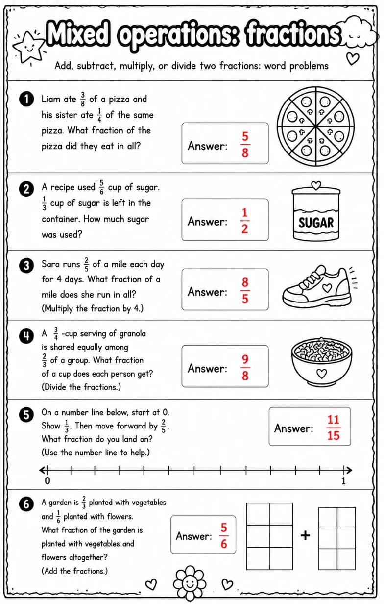 Answer key for Add, subtract, multiply, or divide two fractions: word problems — free printable Math worksheet