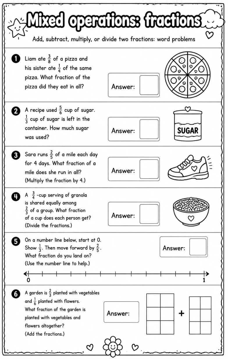Add, subtract, multiply, or divide two fractions: word problems — free printable Grade 6 math worksheet