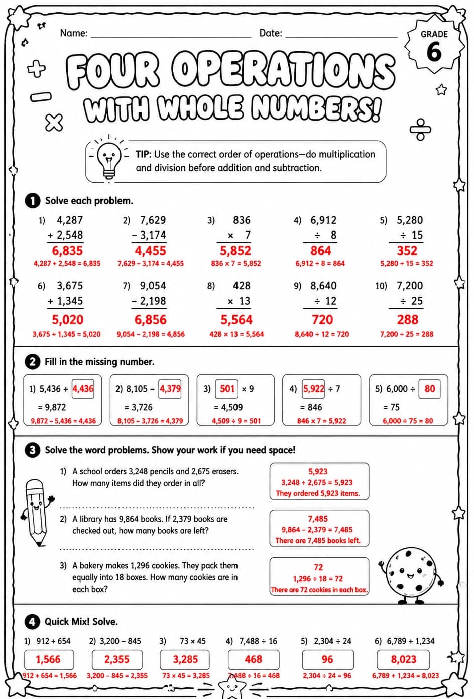 Answer key for Add, subtract, multiply, or divide two whole numbers — free printable Math worksheet