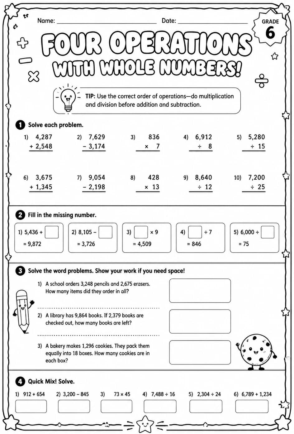 Add, subtract, multiply, or divide two whole numbers — free printable Grade 6 math worksheet