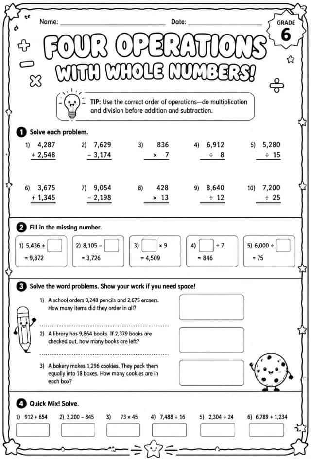 Add, subtract, multiply, or divide two whole numbers