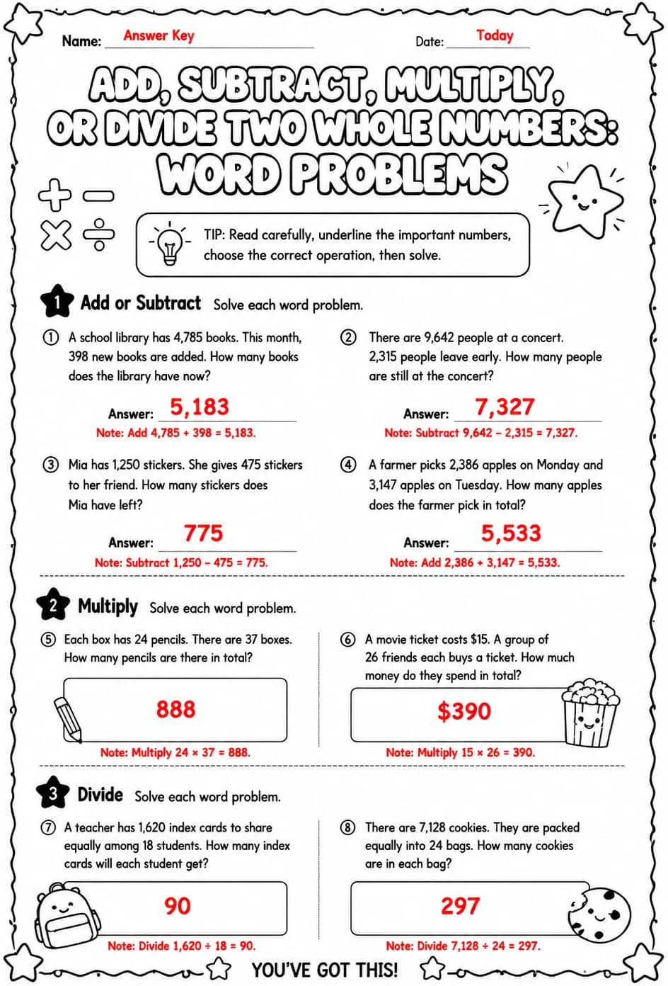 Answer key for Add, subtract, multiply, or divide two whole numbers: word problems — free printable Math worksheet
