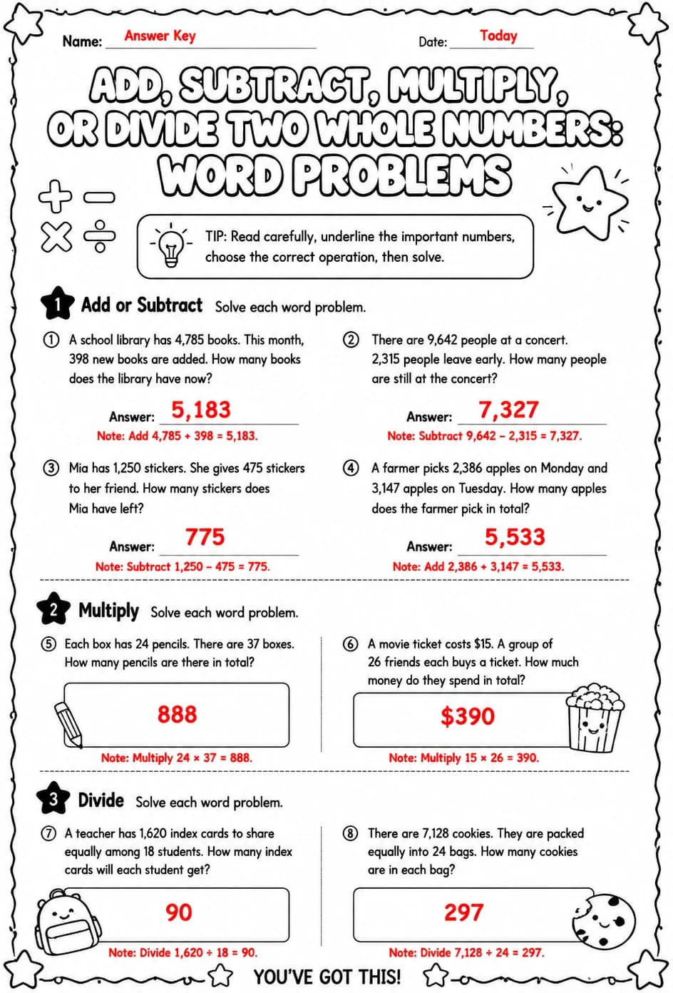 Answer key for Add, subtract, multiply, or divide two whole numbers: word problems — free printable Math worksheet
