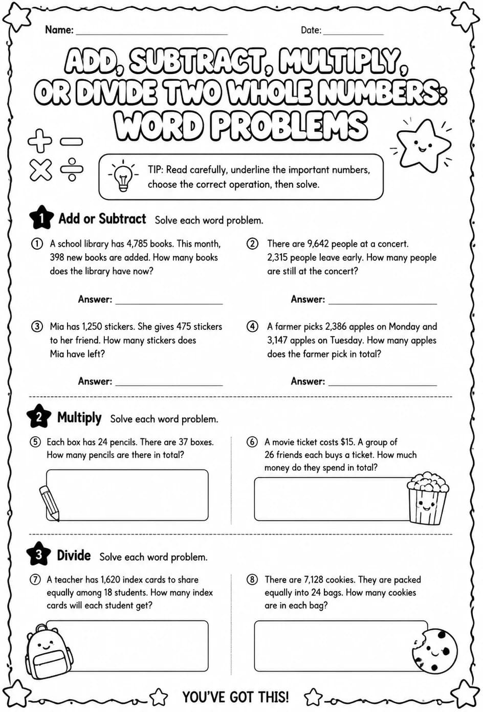 Add, subtract, multiply, or divide two whole numbers: word problems — free printable Grade 6 math worksheet