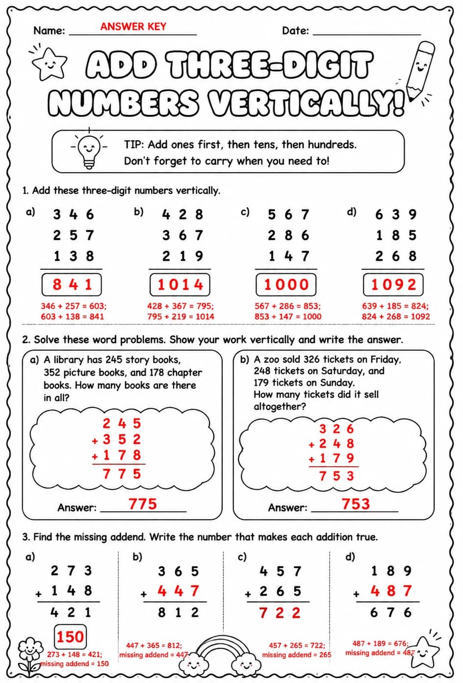 Answer key for Add three-digit numbers vertically — free printable Math worksheet
