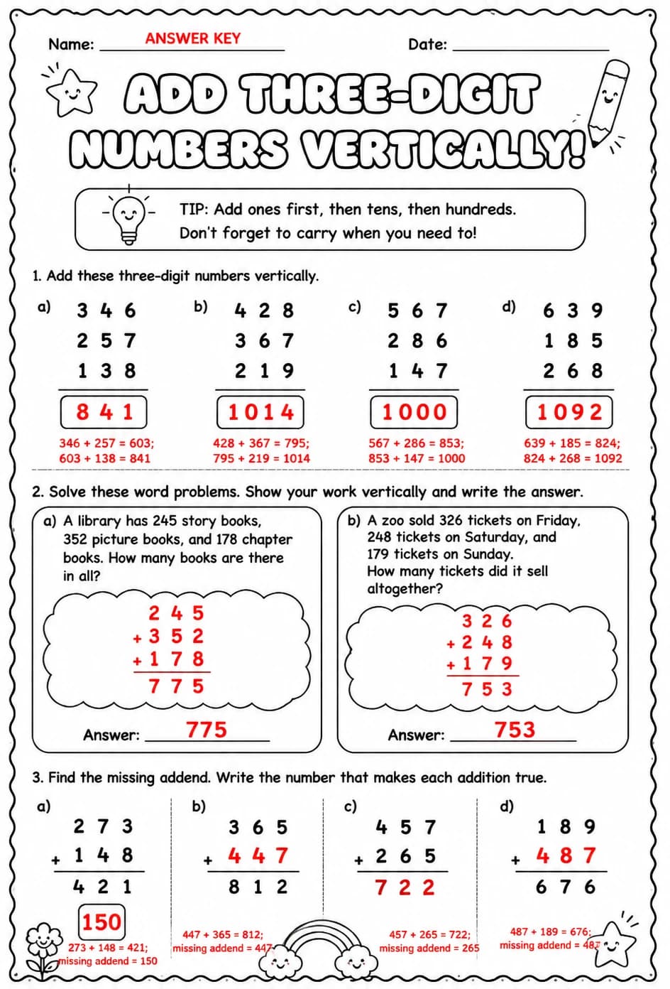 Answer key for Add three-digit numbers vertically — free printable Math worksheet