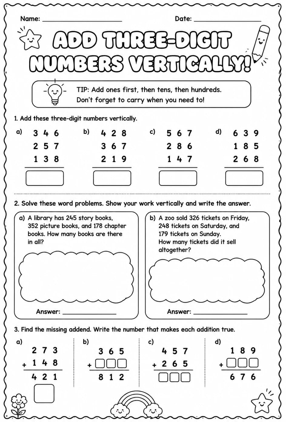 Add three-digit numbers vertically — free printable Grade 2 math worksheet