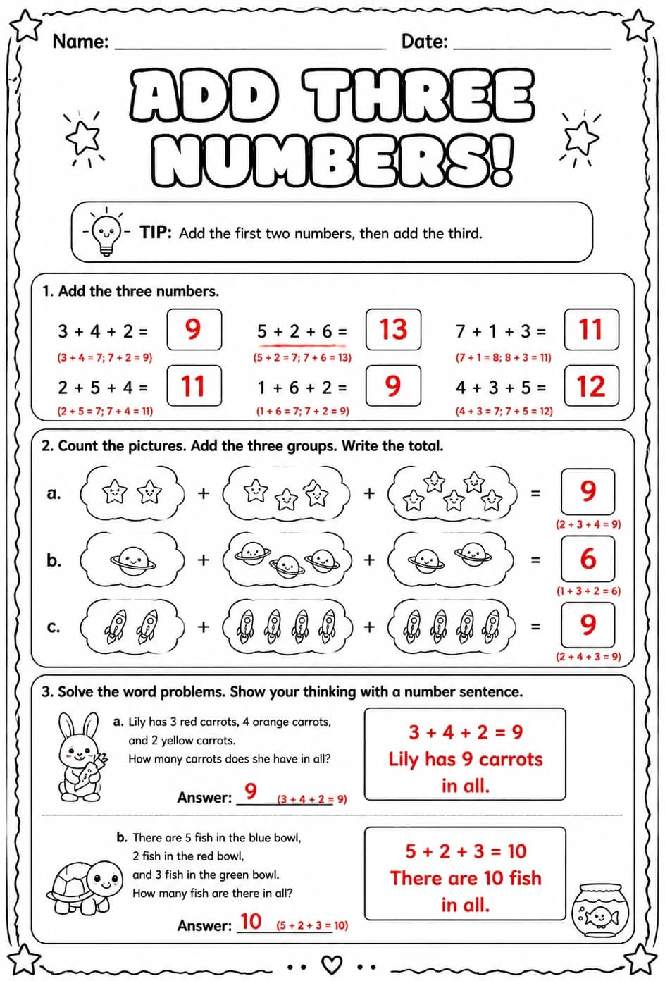 Answer key for Add three numbers — free printable Math worksheet