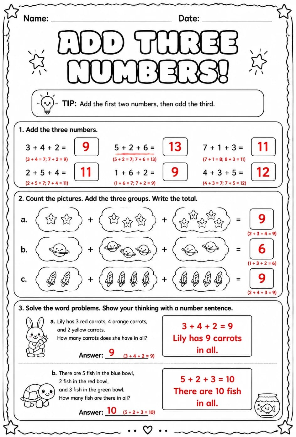 Answer key for Add three numbers — free printable Math worksheet
