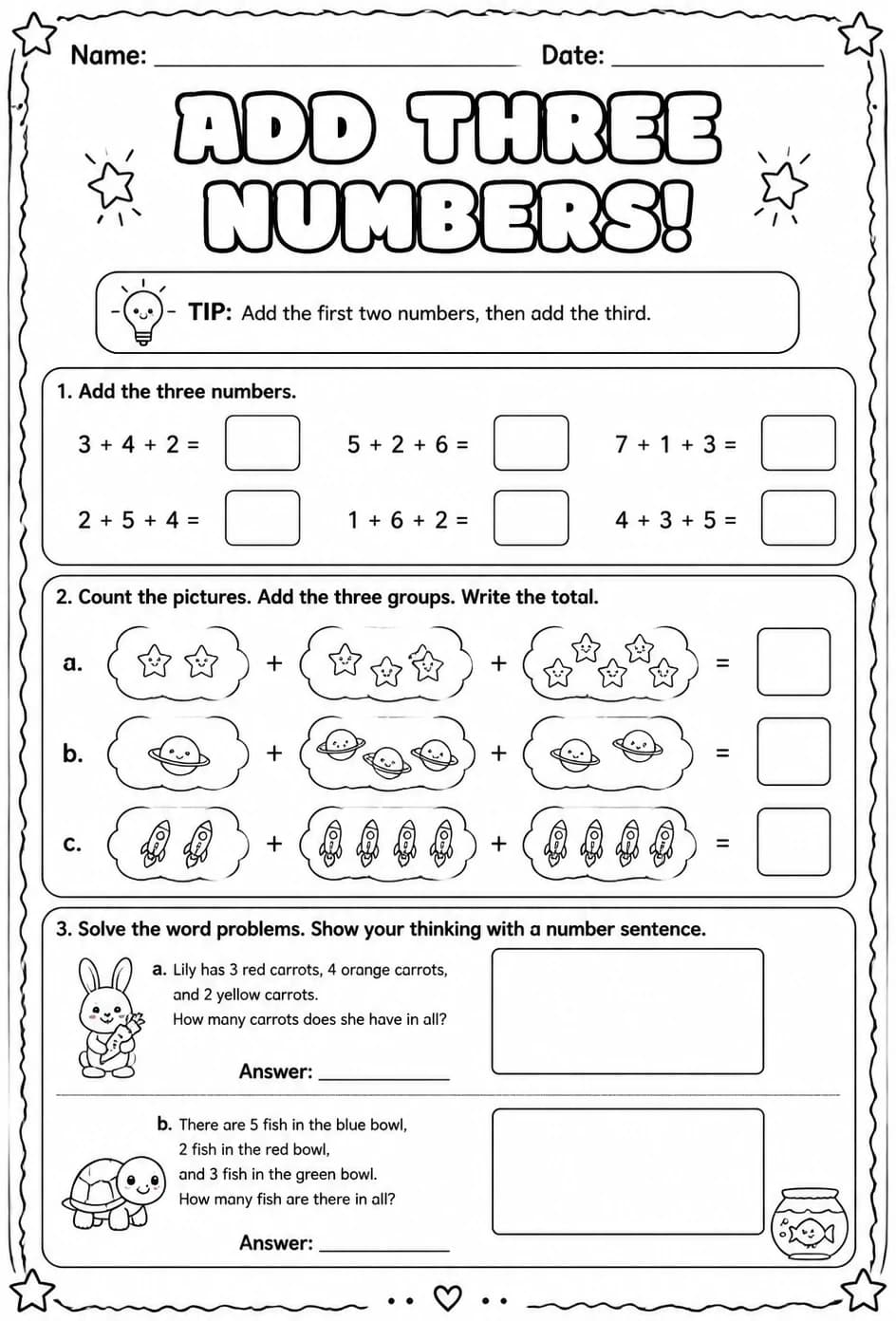 Add three numbers — free printable Grade 1 math worksheet
