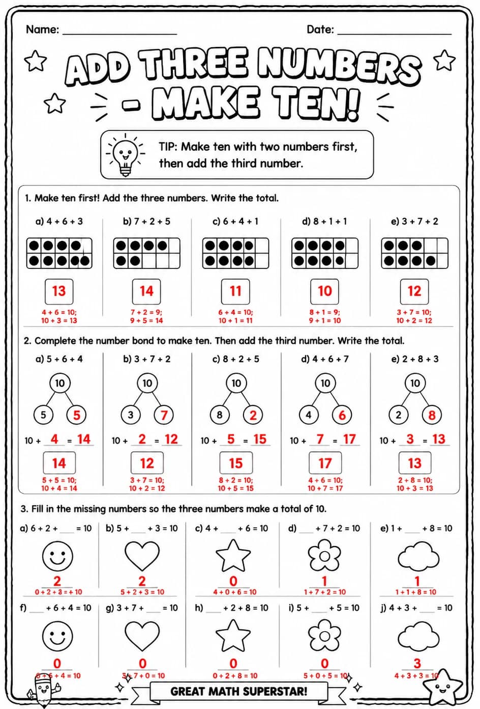 Answer key for Add three numbers - make ten — free printable Math worksheet