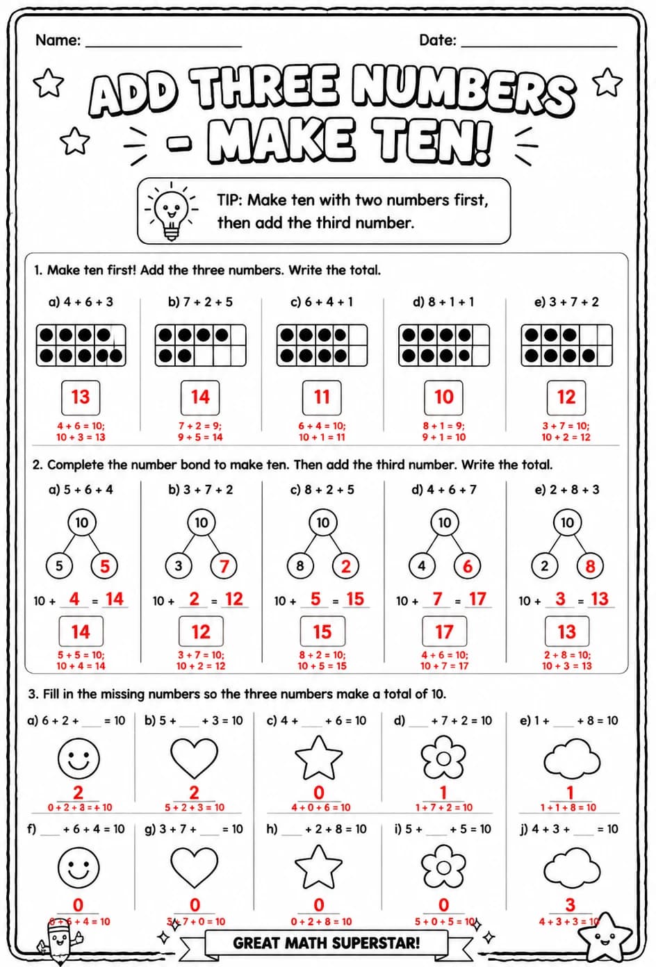 Answer key for Add three numbers - make ten — free printable Math worksheet