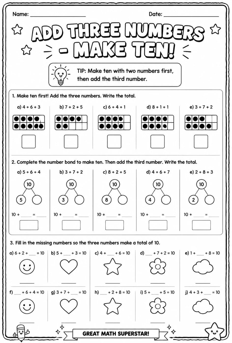 Add three numbers - make ten — free printable Grade 1 math worksheet