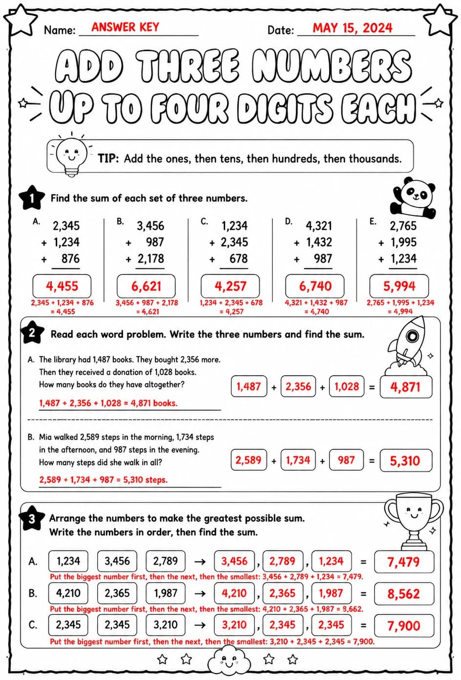 Answer key for Add three numbers up to four digits each — free printable Math worksheet