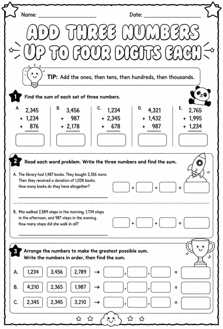 Add three numbers up to four digits each — free printable Grade 3 math worksheet