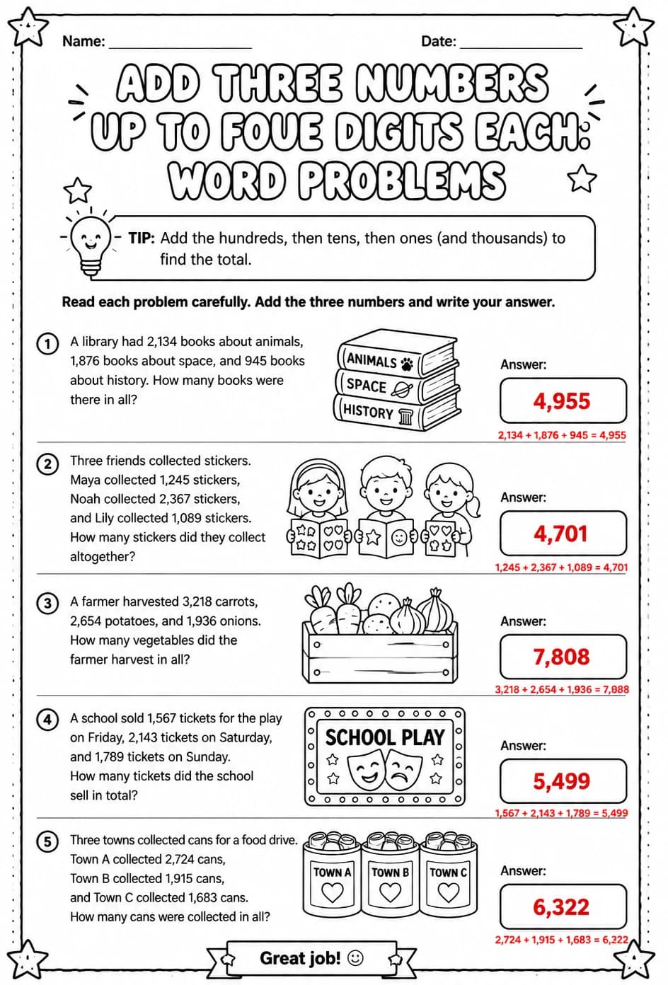 Answer key for Add three numbers up to four digits each: word problems — free printable Math worksheet