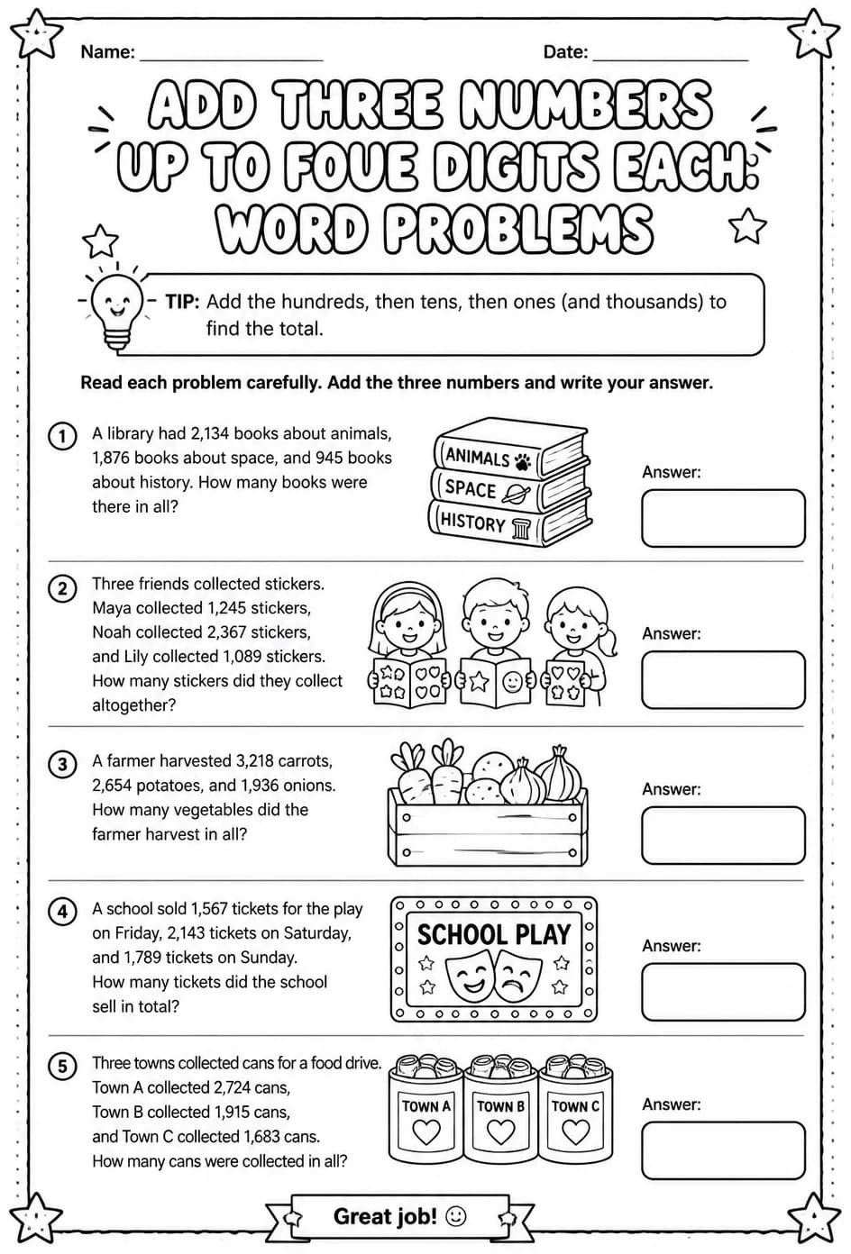 Add three numbers up to four digits each: word problems — free printable Grade 3 math worksheet
