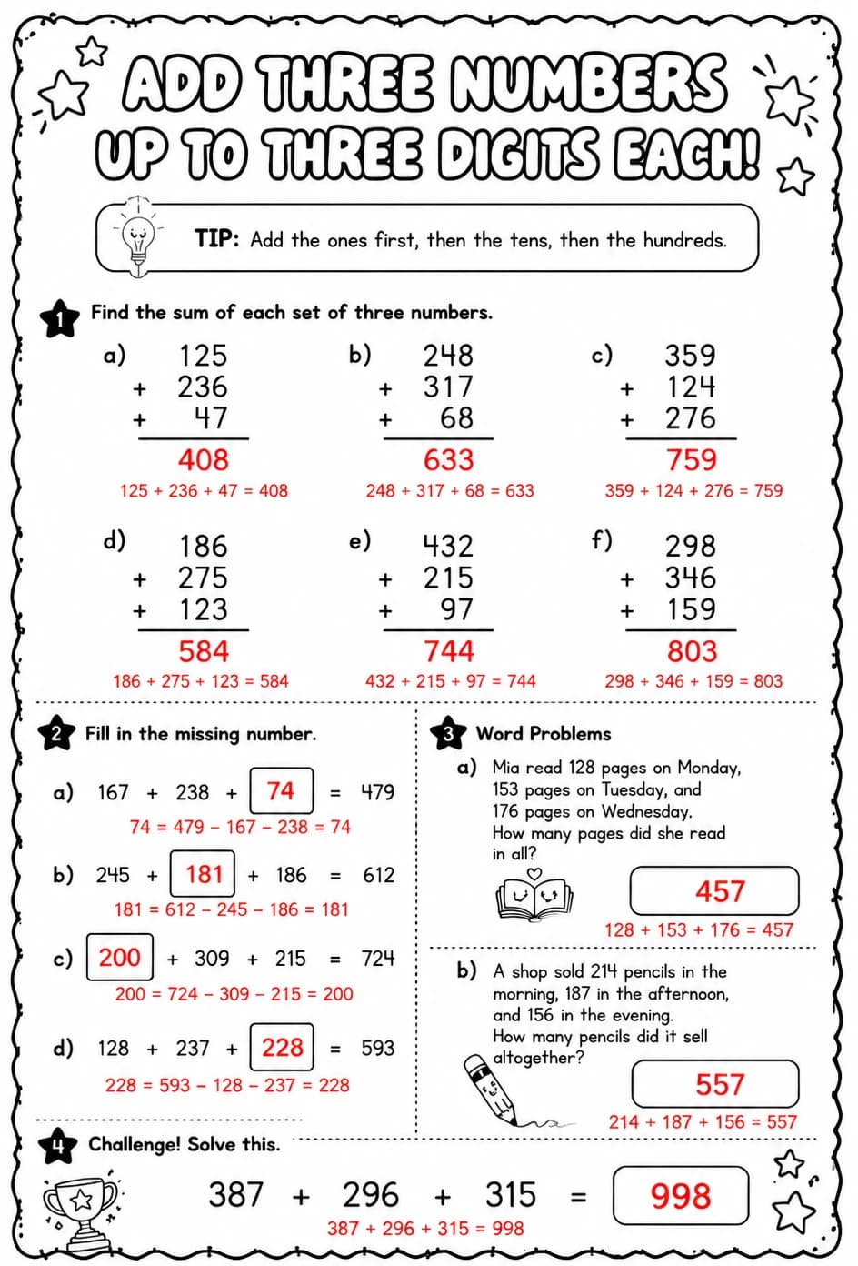 Answer key for Add three numbers up to three digits each — free printable Math worksheet