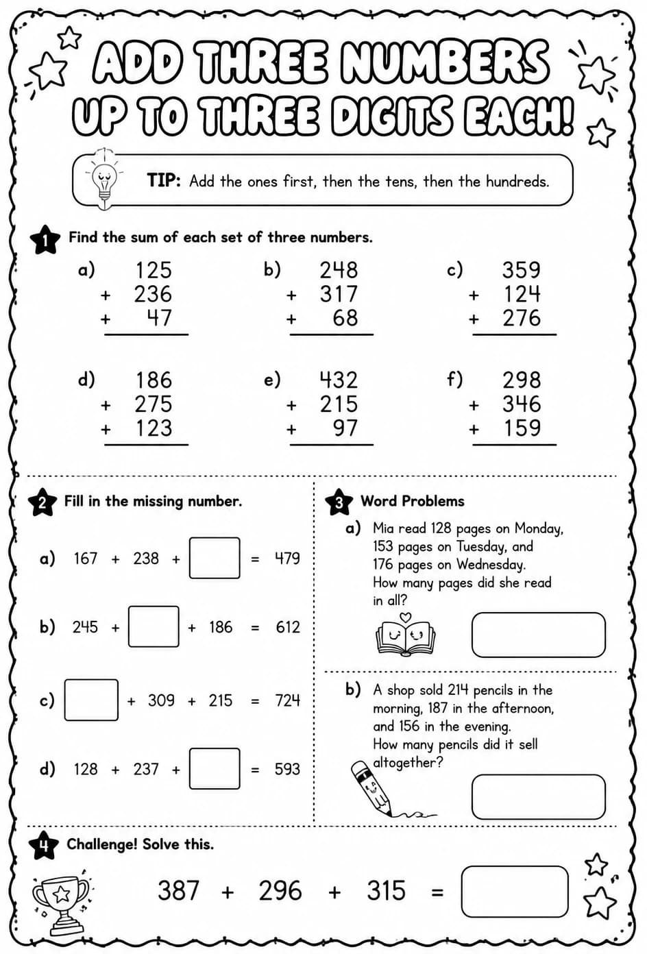Add three numbers up to three digits each — free printable Grade 3 math worksheet
