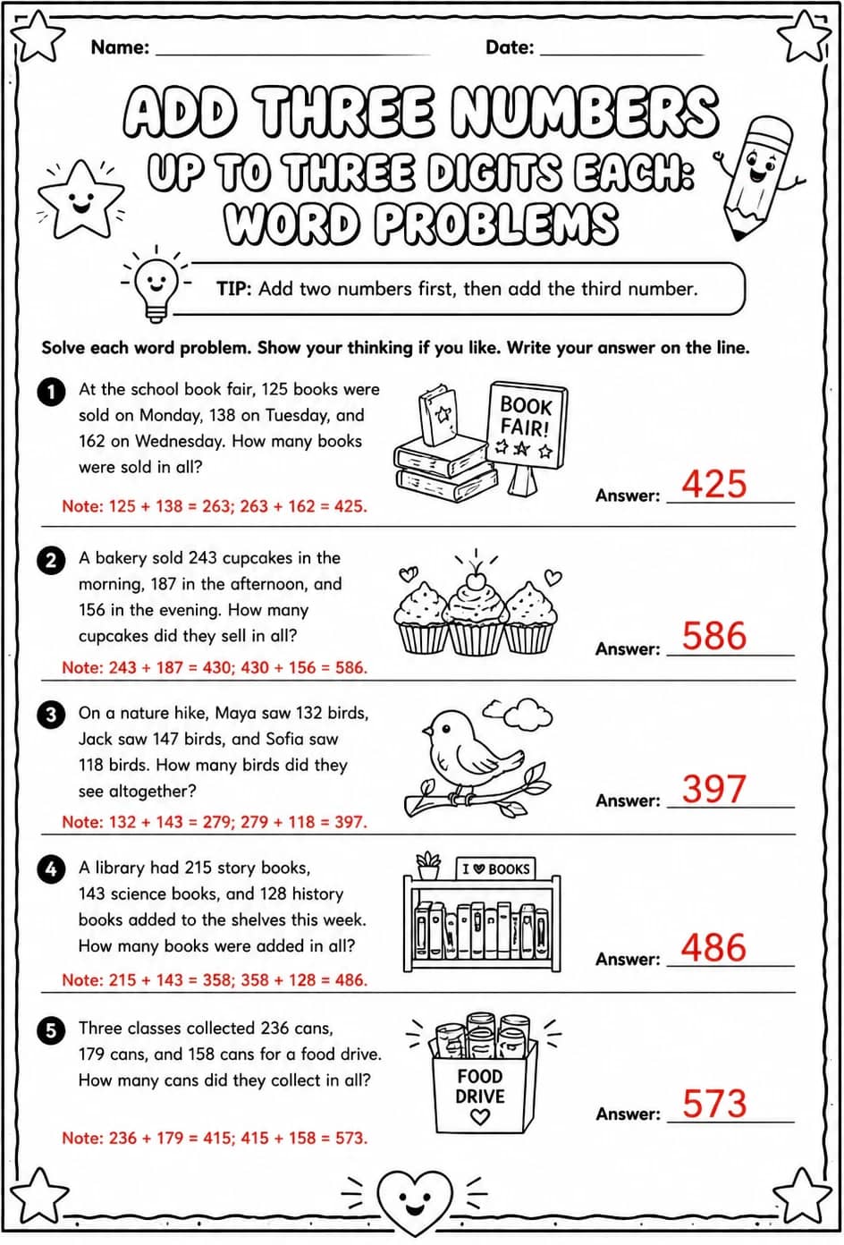 Answer key for Add three numbers up to three digits each: word problems — free printable Math worksheet