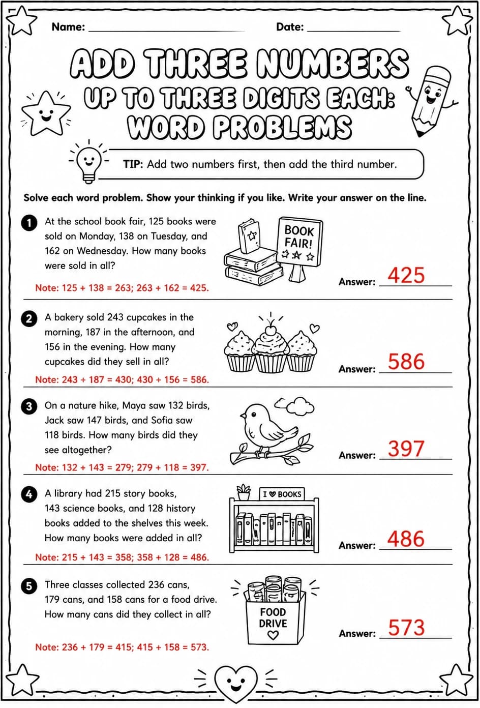 Answer key for Add three numbers up to three digits each: word problems — free printable Math worksheet