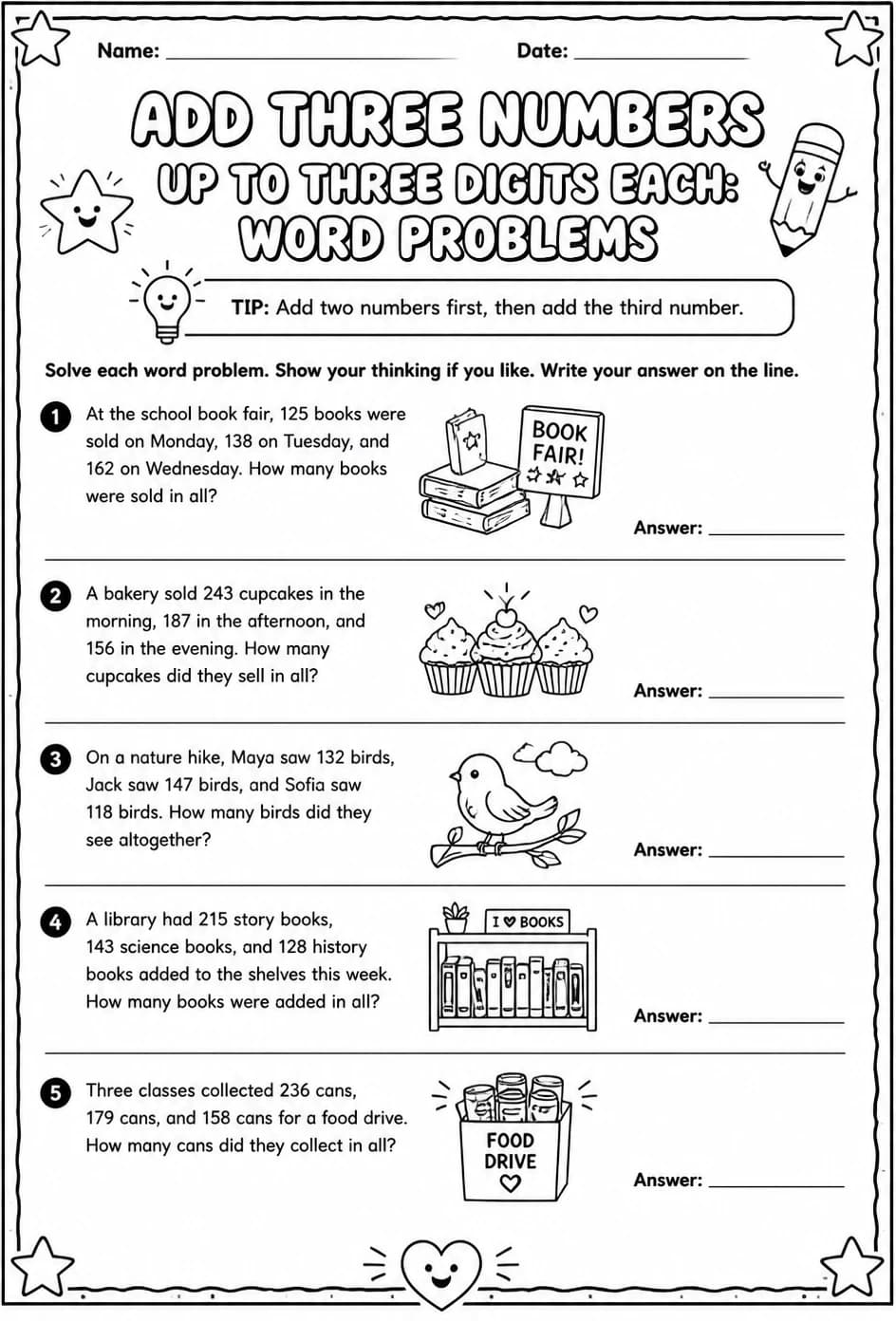 Add three numbers up to three digits each: word problems — free printable Grade 3 math worksheet