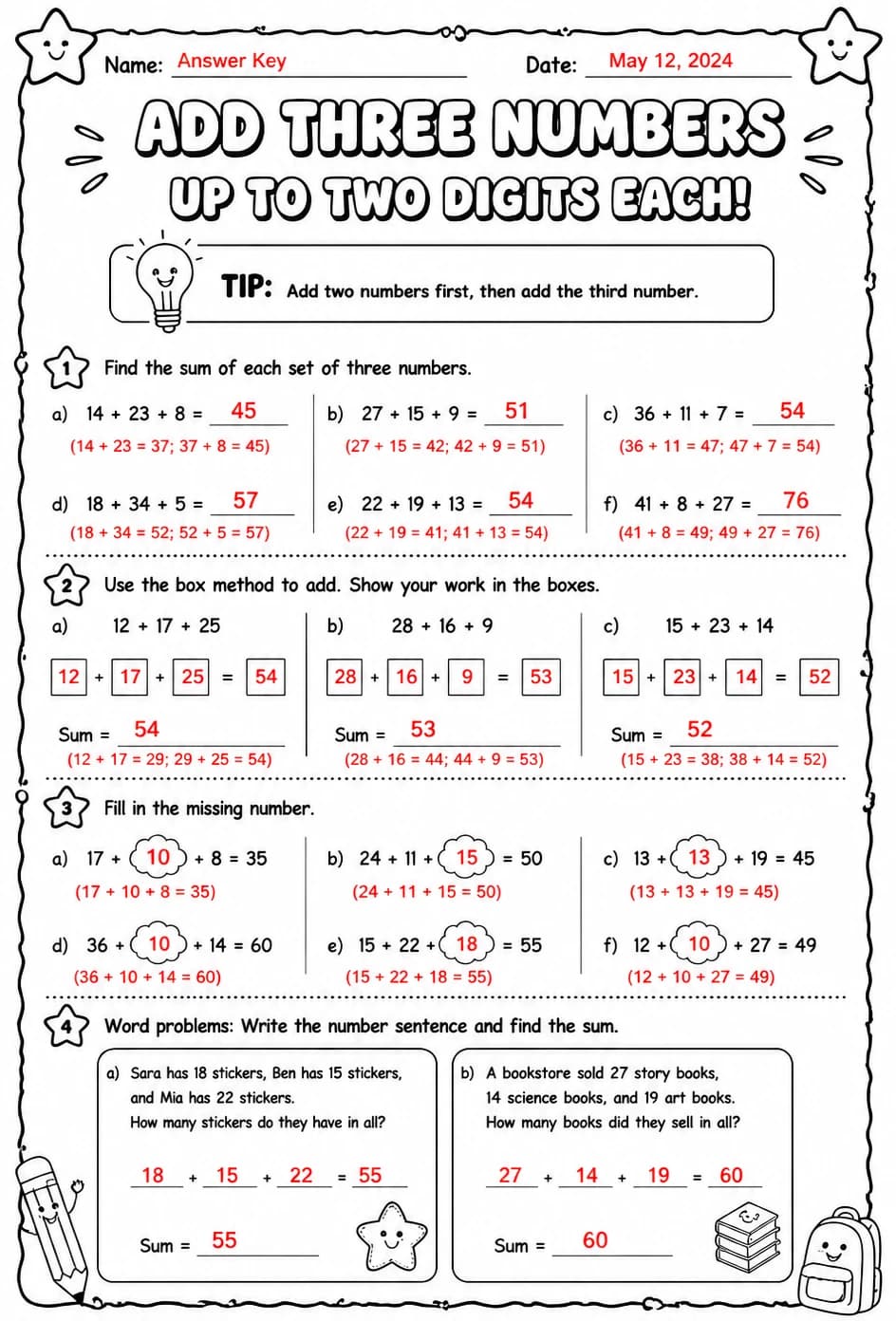 Answer key for Add three numbers up to two digits each — free printable Math worksheet