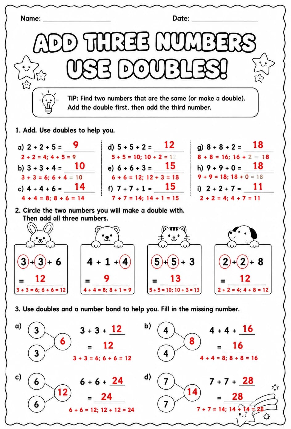 Answer key for Add three numbers - use doubles — free printable Math worksheet