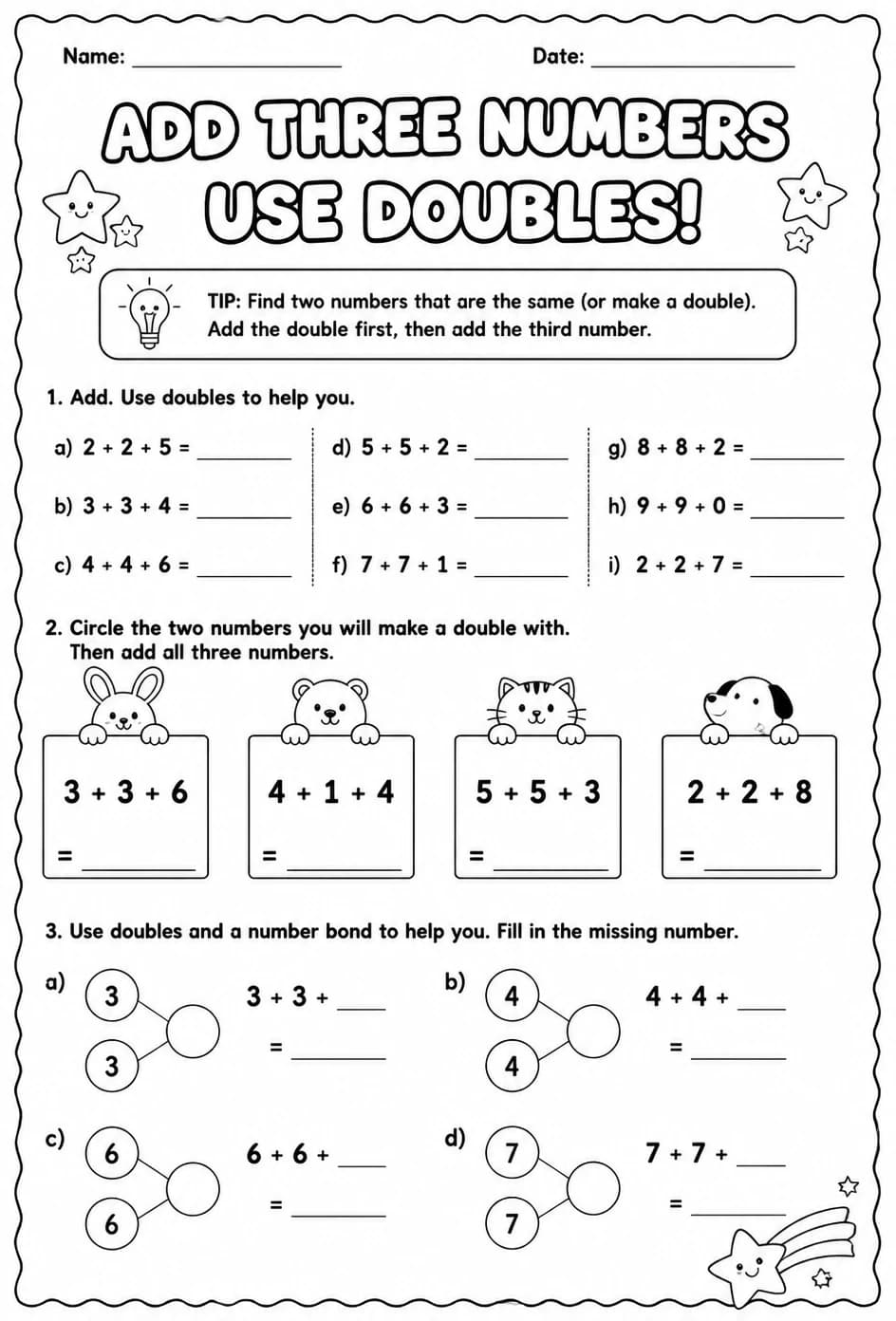 Add three numbers - use doubles — free printable Grade 1 math worksheet