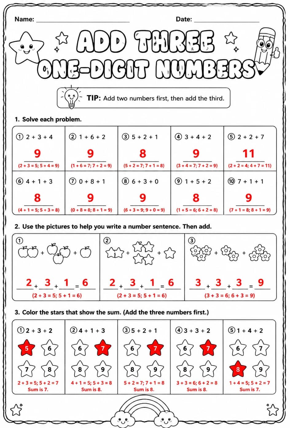 Answer key for Add three one-digit numbers — free printable Math worksheet