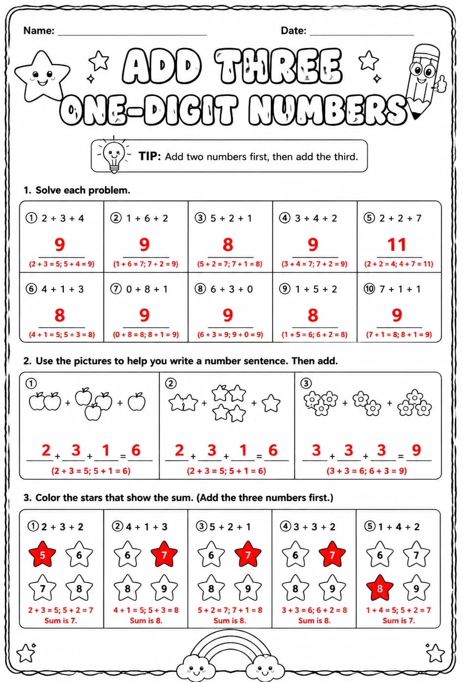 Answer key for Add three one-digit numbers — free printable Math worksheet