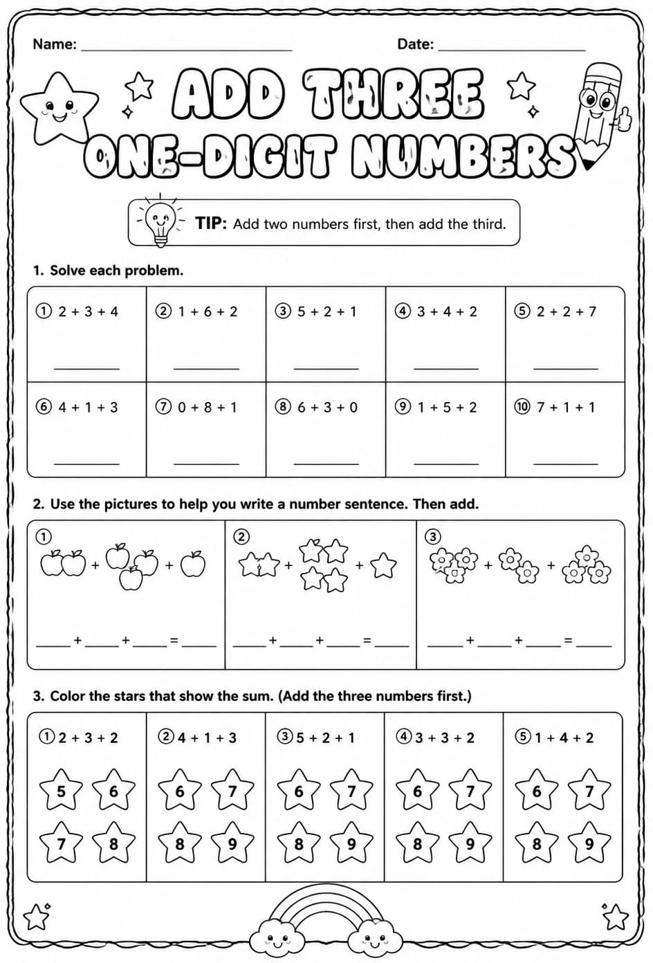 Add three one-digit numbers — free printable Grade 2 math worksheet